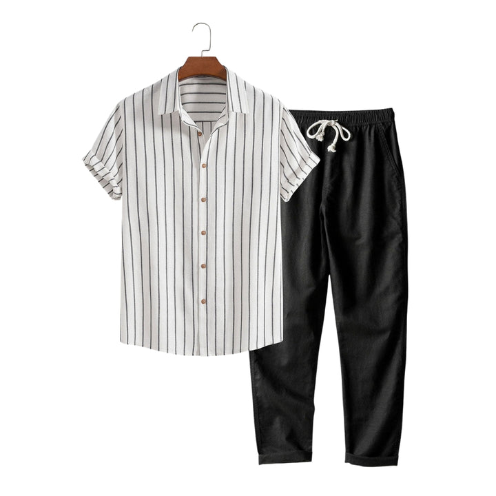 Men's Cotton Blend Striped Button Up Shirt & Straight Leg Linen Pants