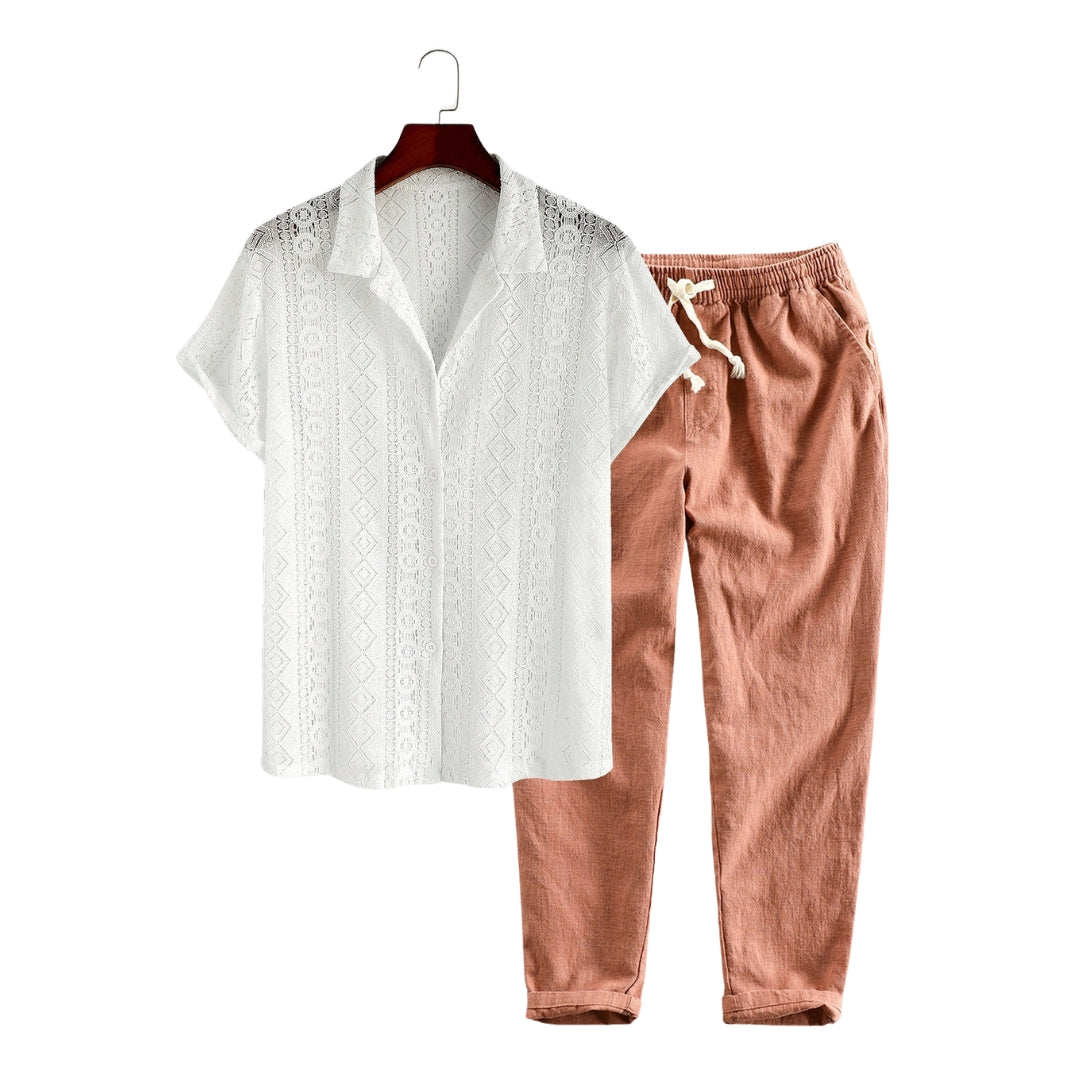 Men's Geometry Textured Cuban Shirt & Linen Cotton Blend Cropped Pants