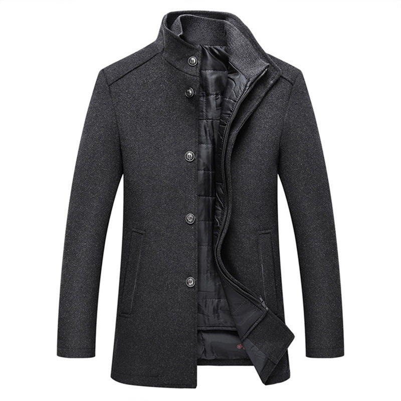 Men's Warm Wool Stand Collar Long Coat